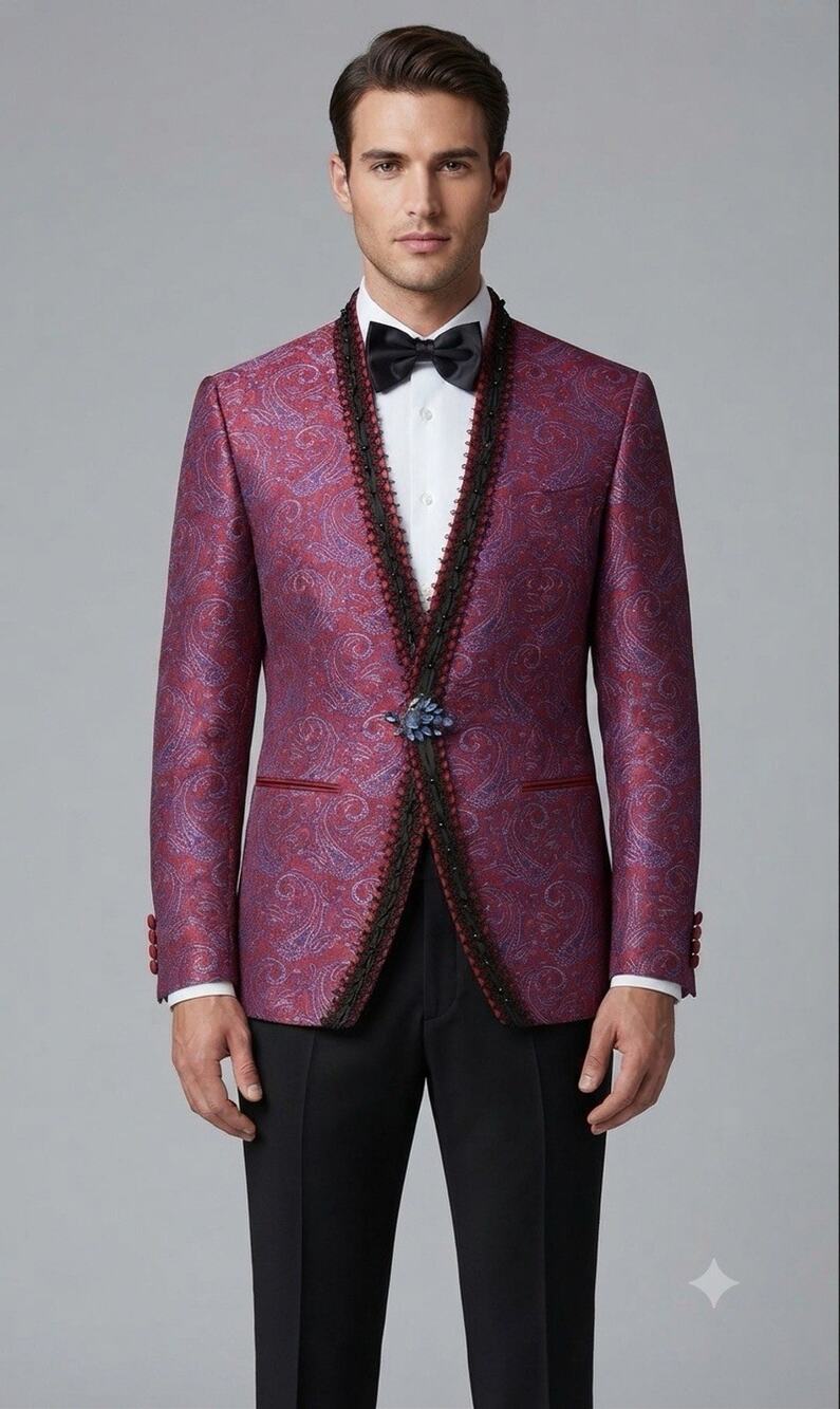 Pietro Scarlatti Mens Mandarin Suit Blazer Pants Paisley Red Blue US 46 EU 56 T8